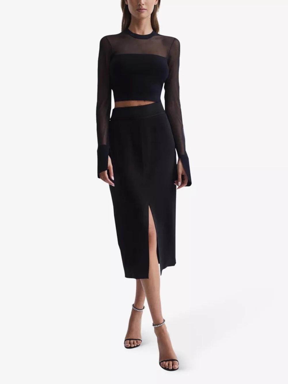 Reiss Black High-Waist Midi Pencil Skirt with Center Front Slit